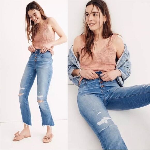 Madewell Cali Demi Boot Jeans Button Front Distressed Bronson Wash, Size 26 NWOT - Picture 1 of 11